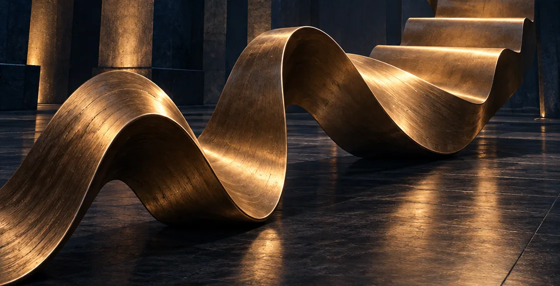 A brass ribbon curving in folds across a dark floor