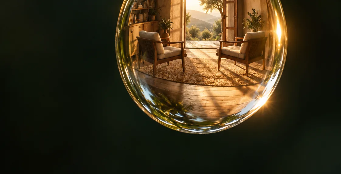 A room reflected inside a single drop of water