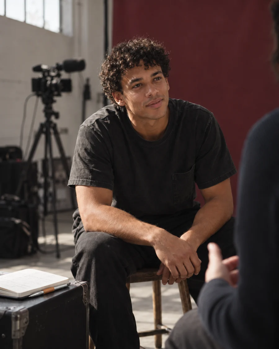 A man being interviewed on a film set.