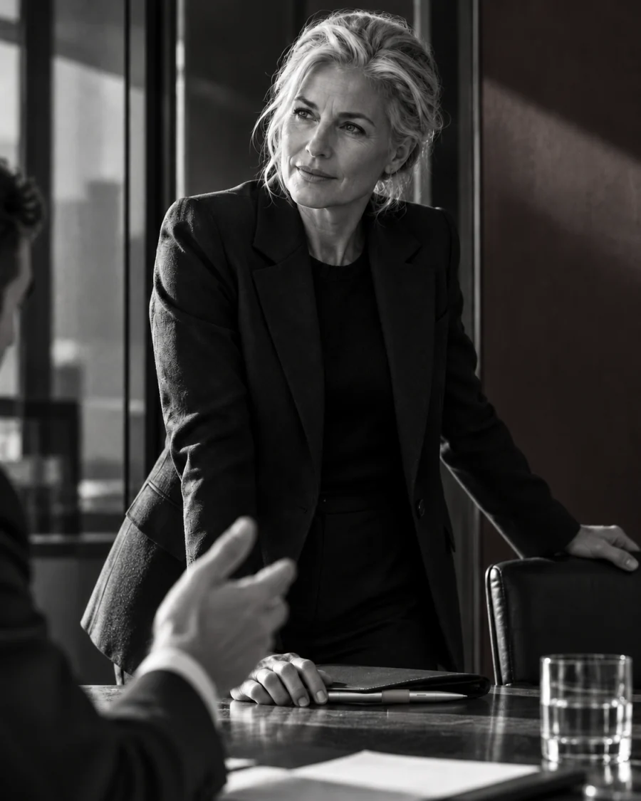 A woman standing at the head of a boardroom table.