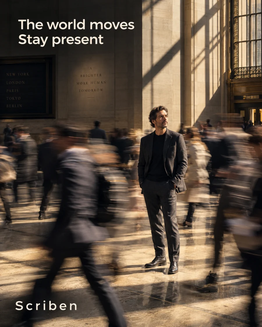 The world moves. Stay present. A man still in a rushing station.