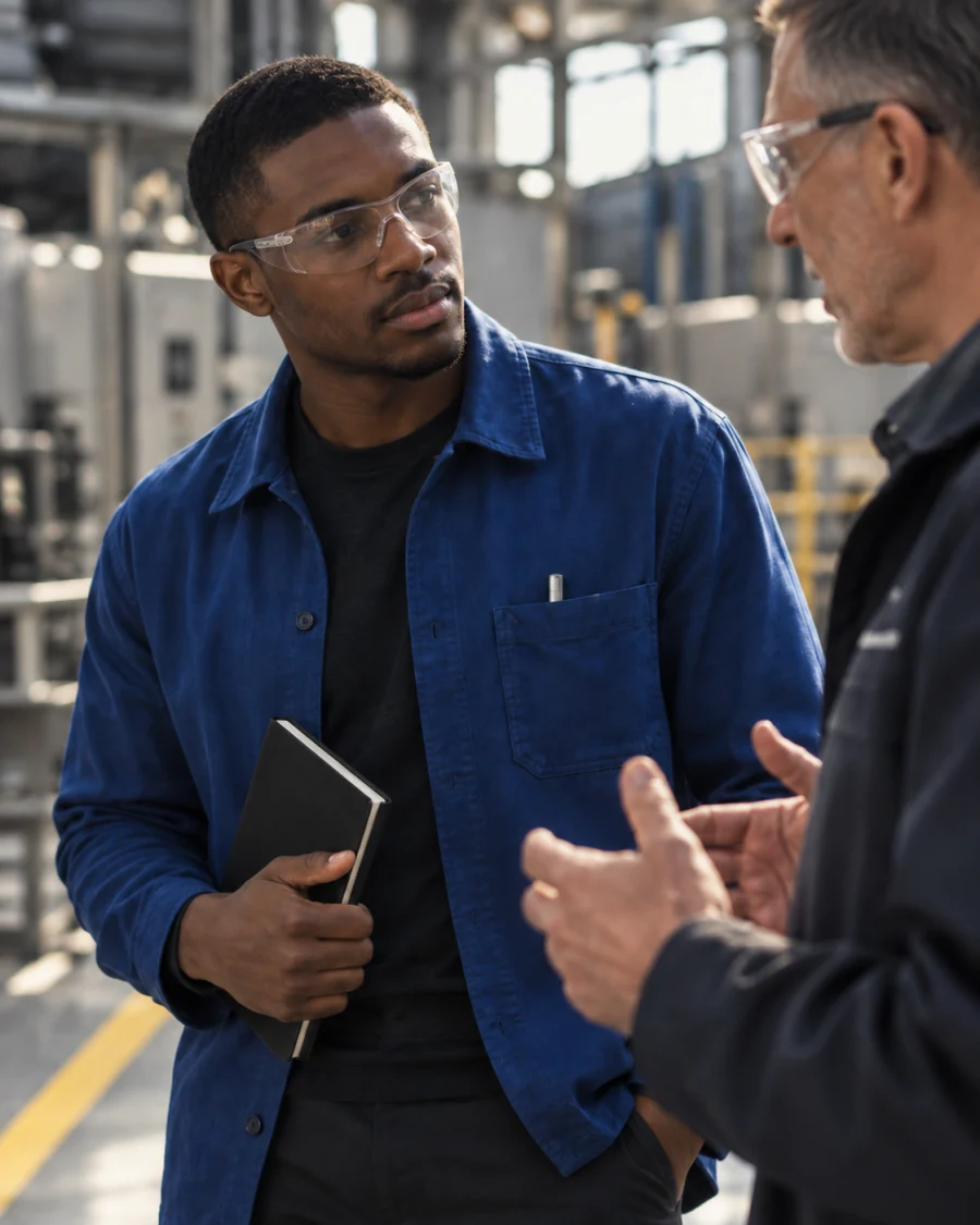 Two engineers talking on a factory floor.
