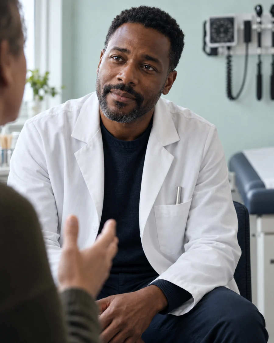 A doctor listening to a patient in a consulting room.