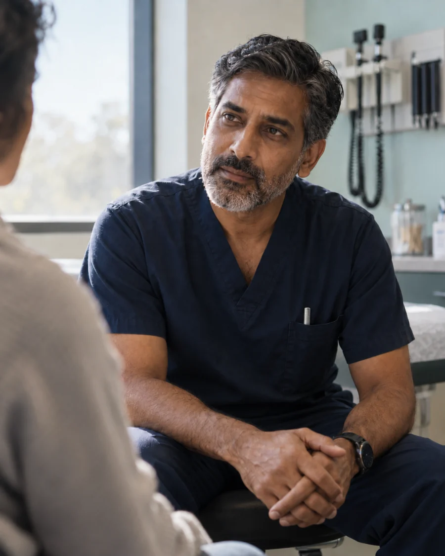 A clinician in scrubs listening in a consulting room.
