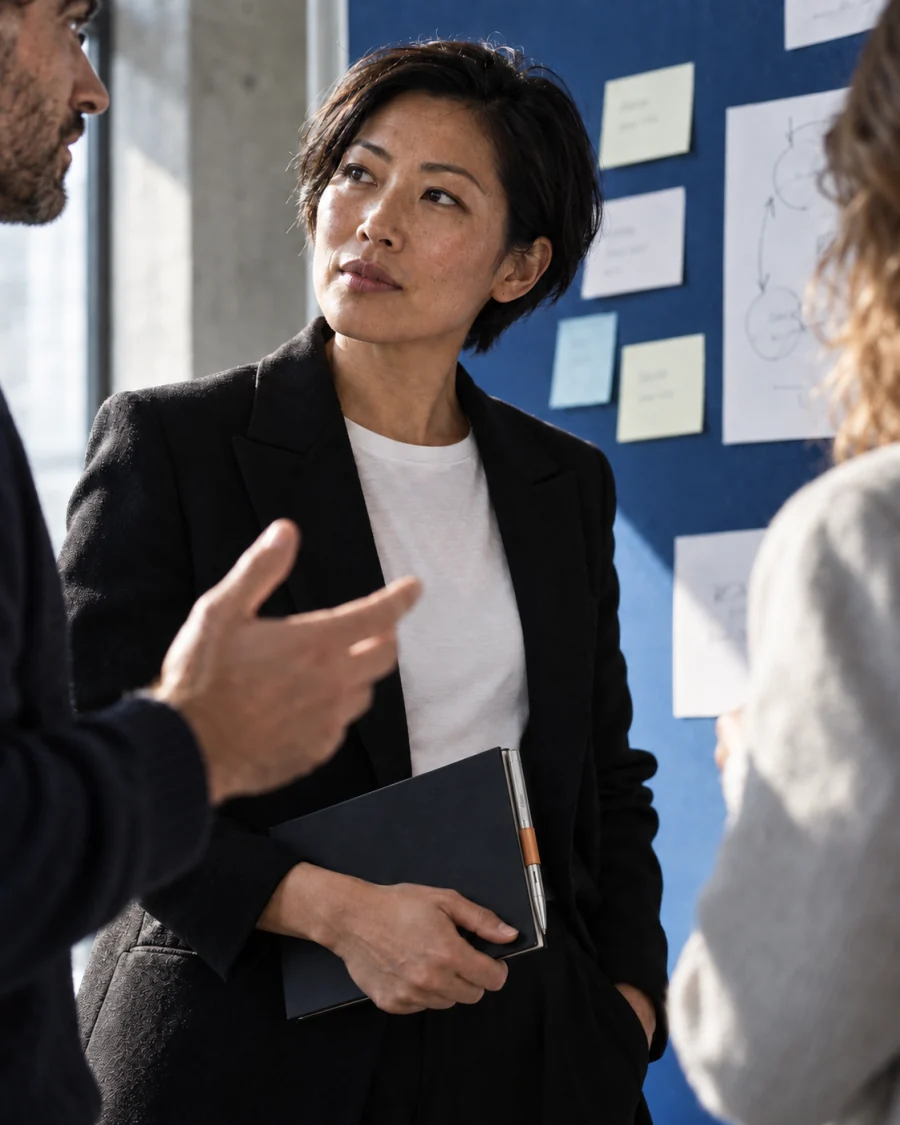 A woman presenting to colleagues in front of a pinboard of notes.
