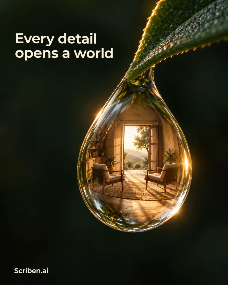 Every detail opens a world. A room reflected in a drop of water.