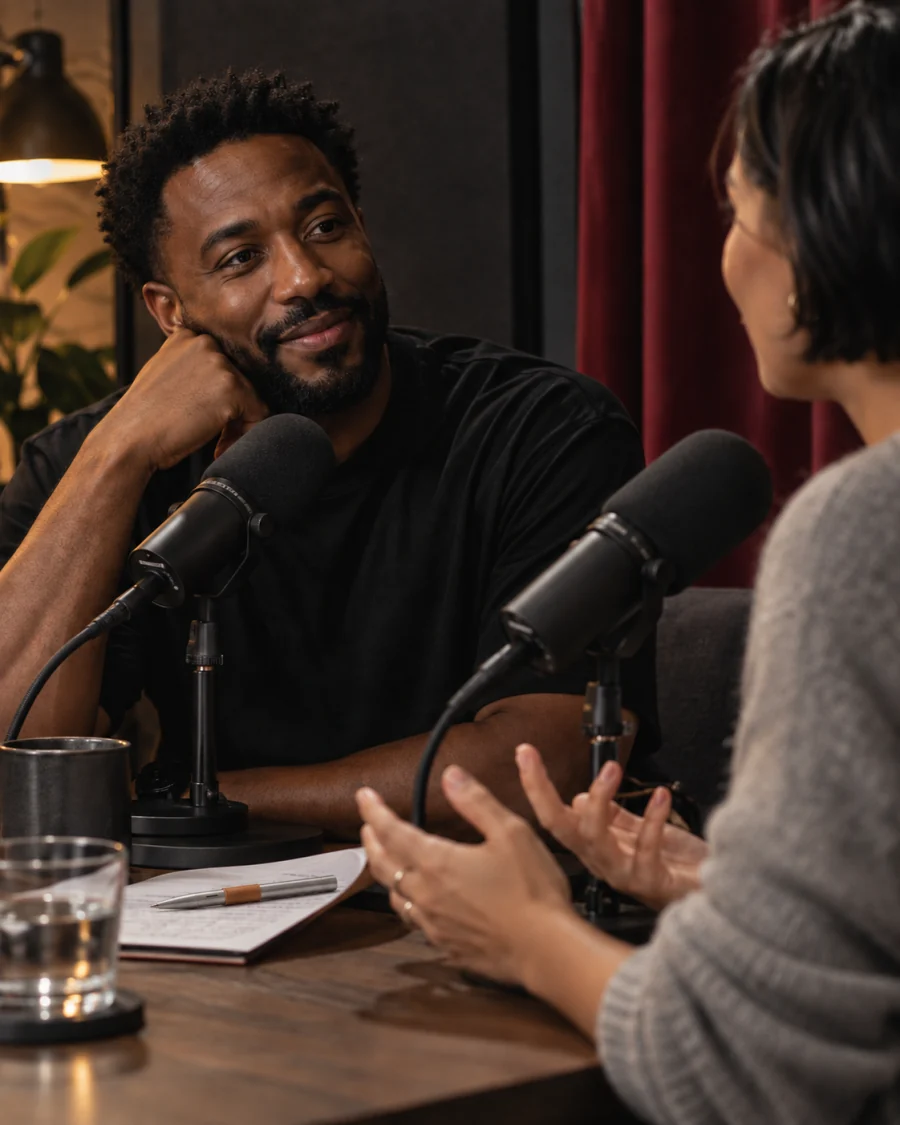 Two people recording a conversation at a podcast desk.