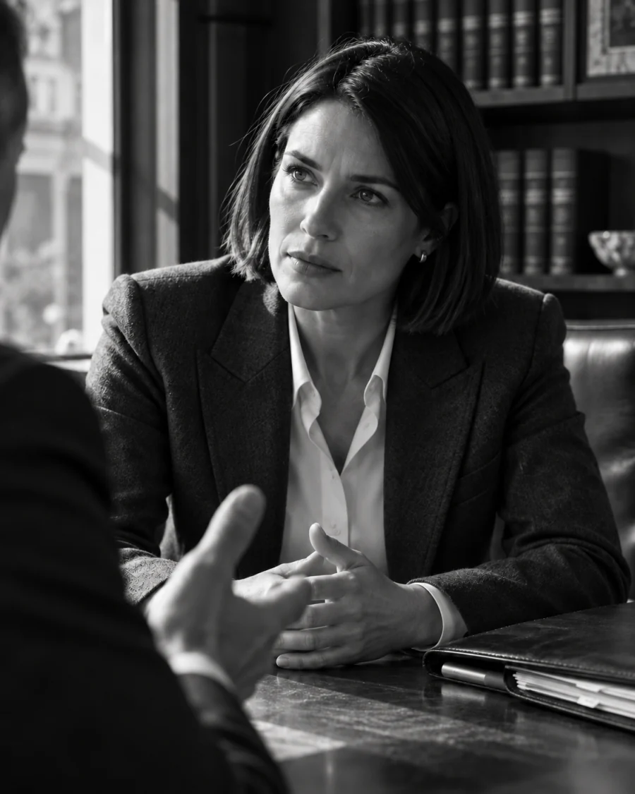 A lawyer listening across a meeting table.