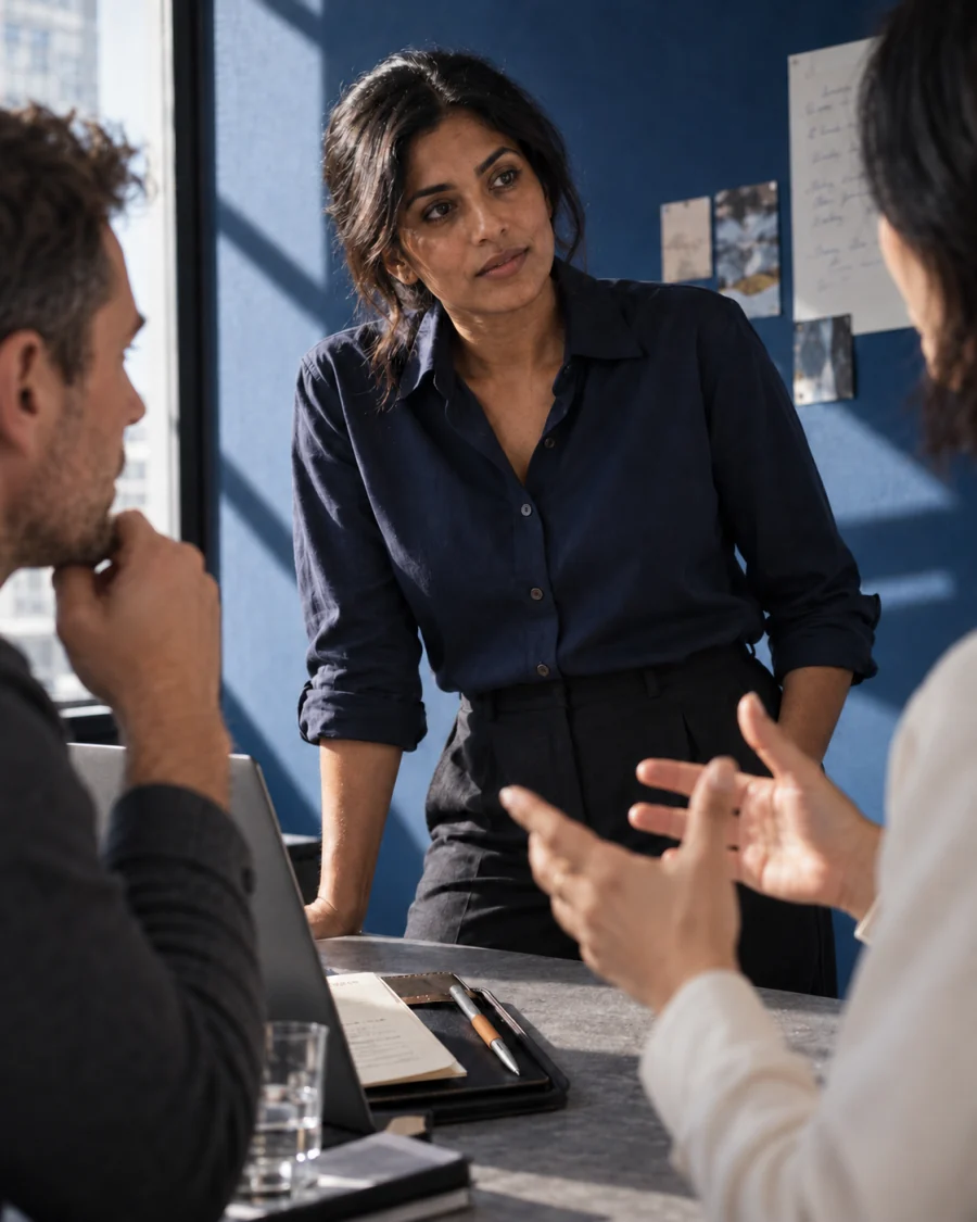 A woman leading a discussion across a meeting table.