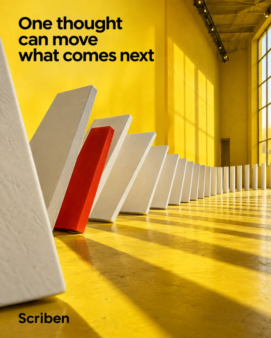 One thought can move what comes next. Dominoes mid-fall.