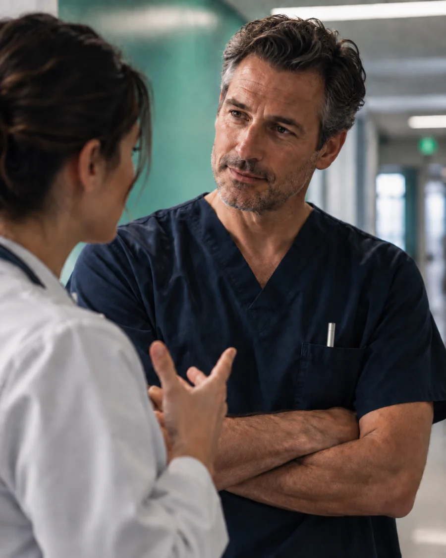Two clinicians conferring in a hospital corridor.