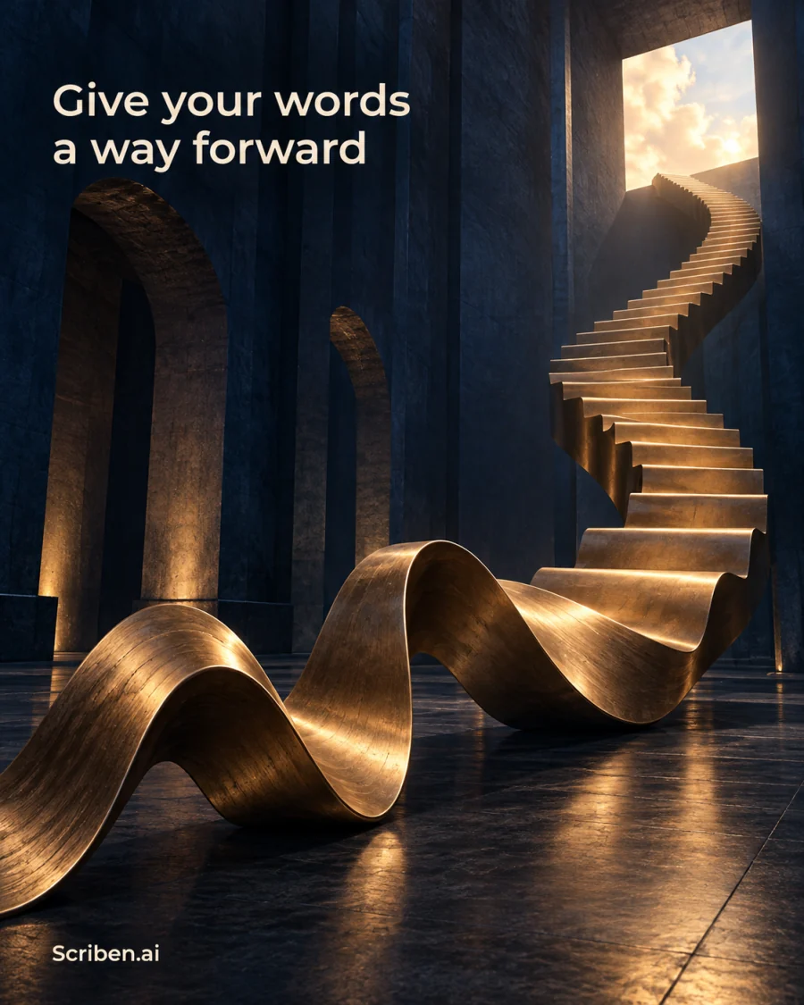 Give your words a way forward. A brass ribbon rising like a staircase.