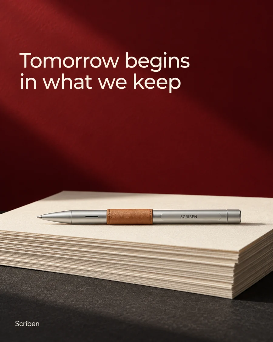 Tomorrow begins in what we keep. A pen on a stack of paper.