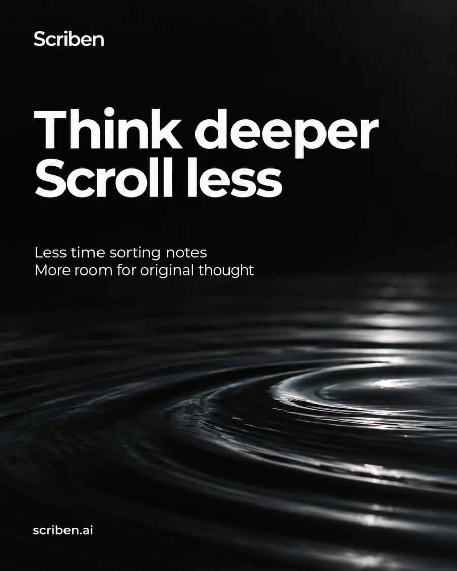 Think deeper, scroll less. Ripples spreading on dark water.