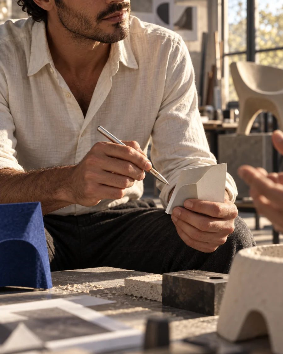 A designer marking up a paper model at a sunlit studio table.