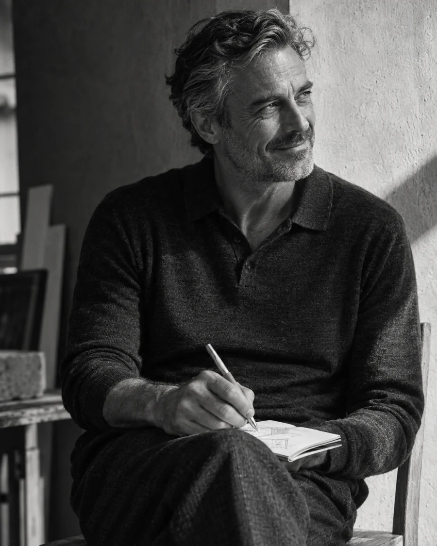 A man writing in a notebook against a plaster wall.