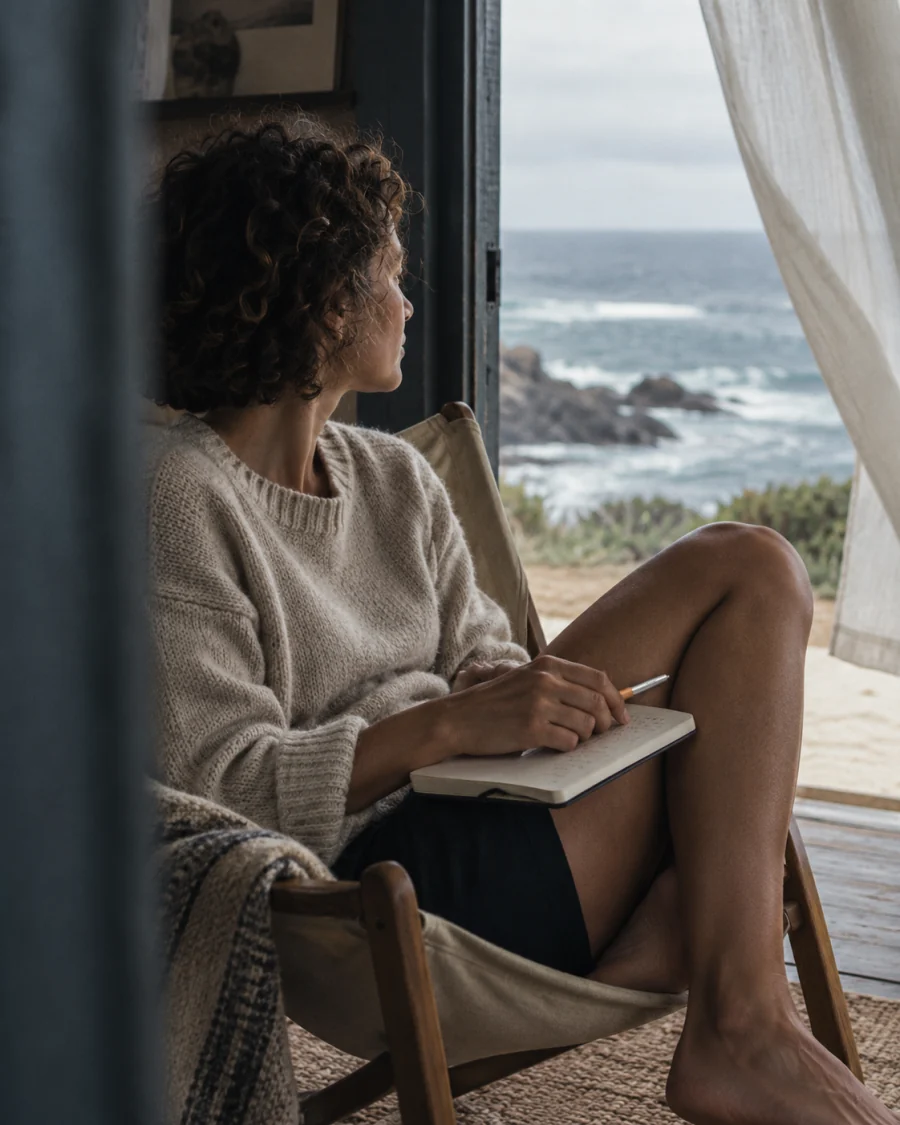 A woman writing by an open window above the sea.